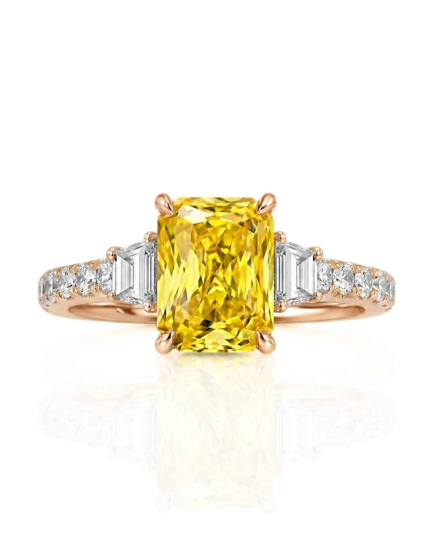 Natural fancy yellow sapphire ring with radiant cut center stone in 18K rose gold | SARATTI