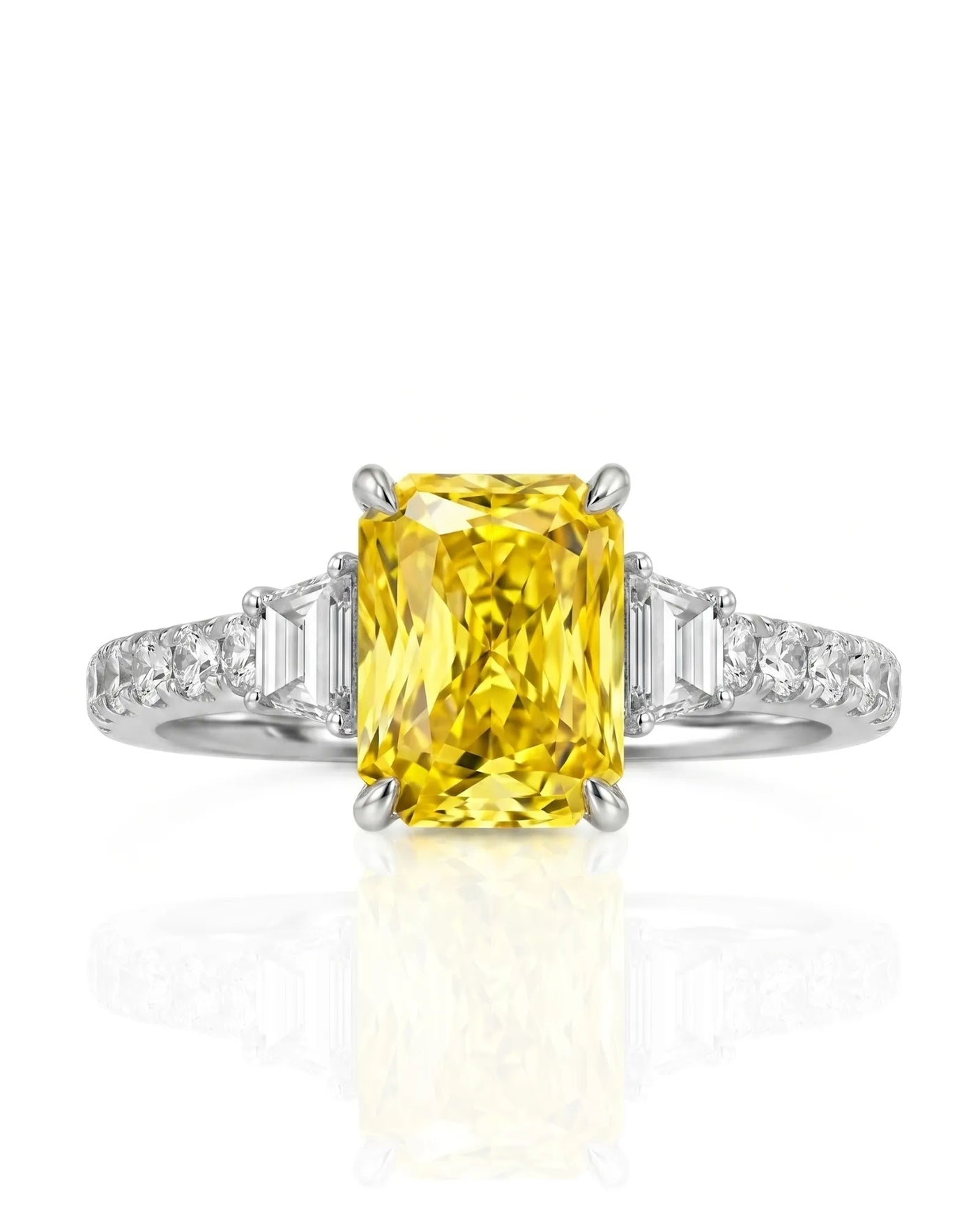 Natural fancy yellow sapphire ring with radiant cut center stone in platinum | SARATTI