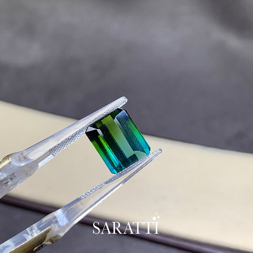 Natural green to teal blue bi-color tourmaline emerald cut 4.13ct | SARATTI