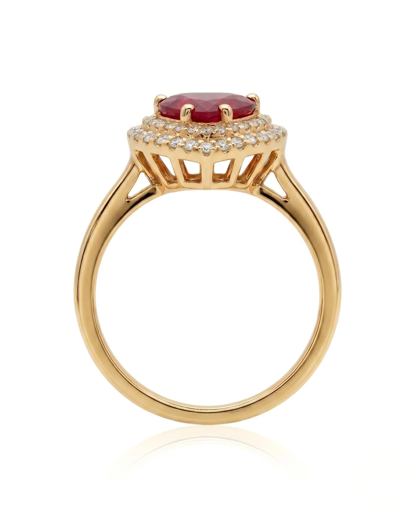 Natural heart ruby ring with sparkling diamond halo and warm yellow gold setting | SARATTI