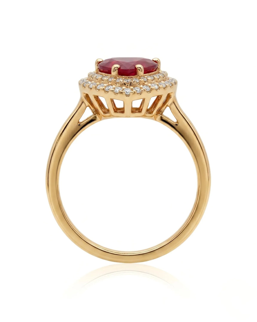 Natural heart ruby ring with sparkling diamond halo and warm yellow gold setting | SARATTI