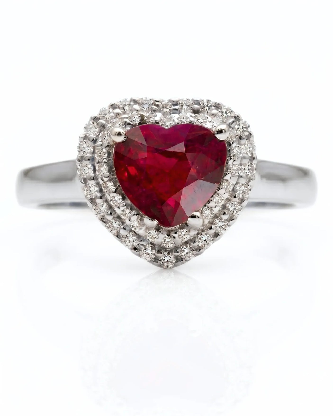 Natural heart ruby ring with sparkling diamond halo and white gold setting | SARATTI