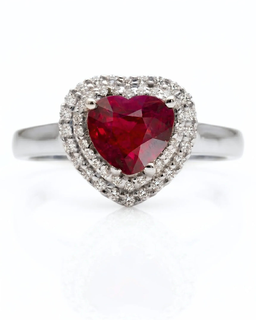 Natural heart ruby ring with sparkling diamond halo and white gold setting | SARATTI