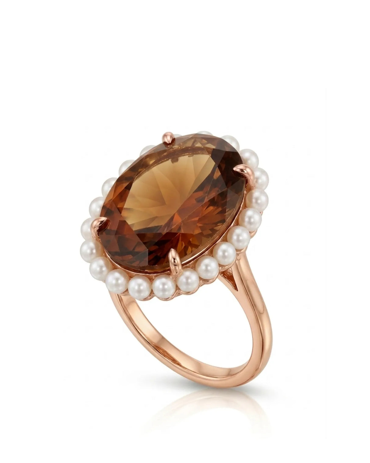 Natural oval Imperial Topaz ring surrounded by white pearls in romantic 18K rose gold | SARATTI