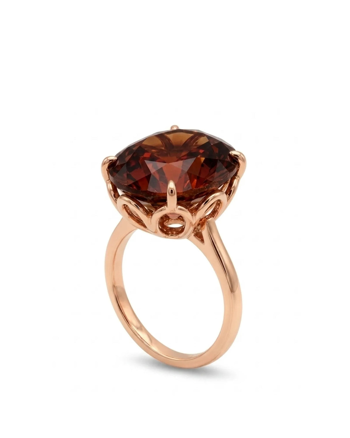 Natural oval Imperial Topaz ring with sculptural floral gallery in polished 18K rose gold | SARATTI