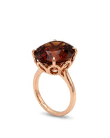 Natural oval Imperial Topaz ring with sculptural floral gallery in polished 18K rose gold | SARATTI