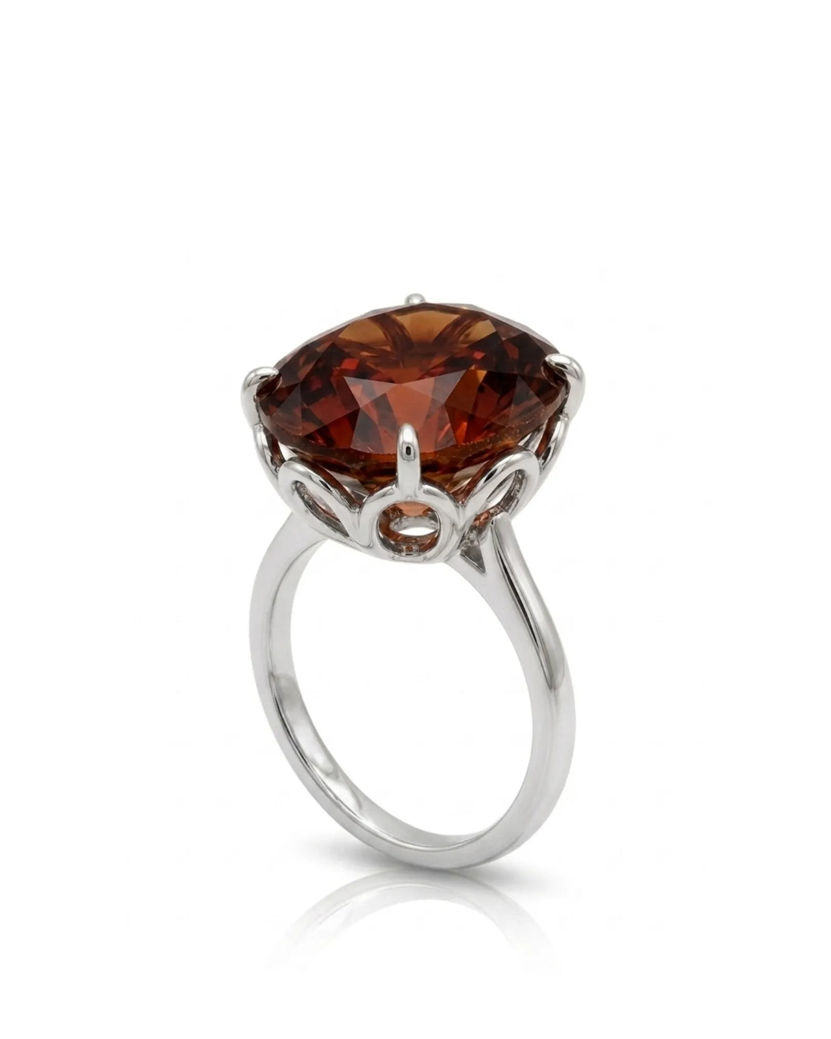 Natural oval Imperial Topaz ring with sculptural floral gallery in polished 18K white gold | SARATTI