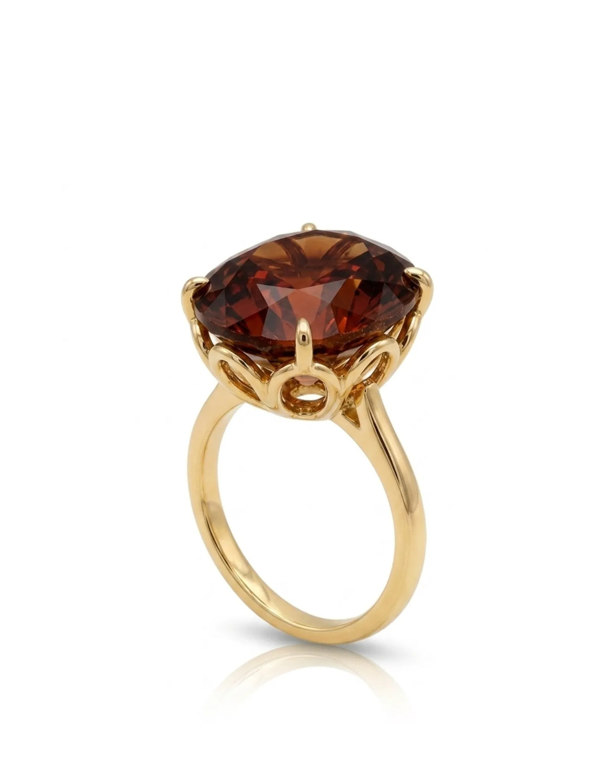 Natural oval Imperial Topaz ring with sculptural floral gallery in polished 18K yellow gold | SARATTI