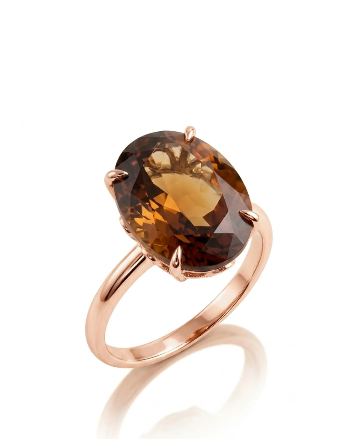 Natural oval Imperial Topaz solitaire ring with sculptural floral gallery in polished 18K rose gold | SARATTI