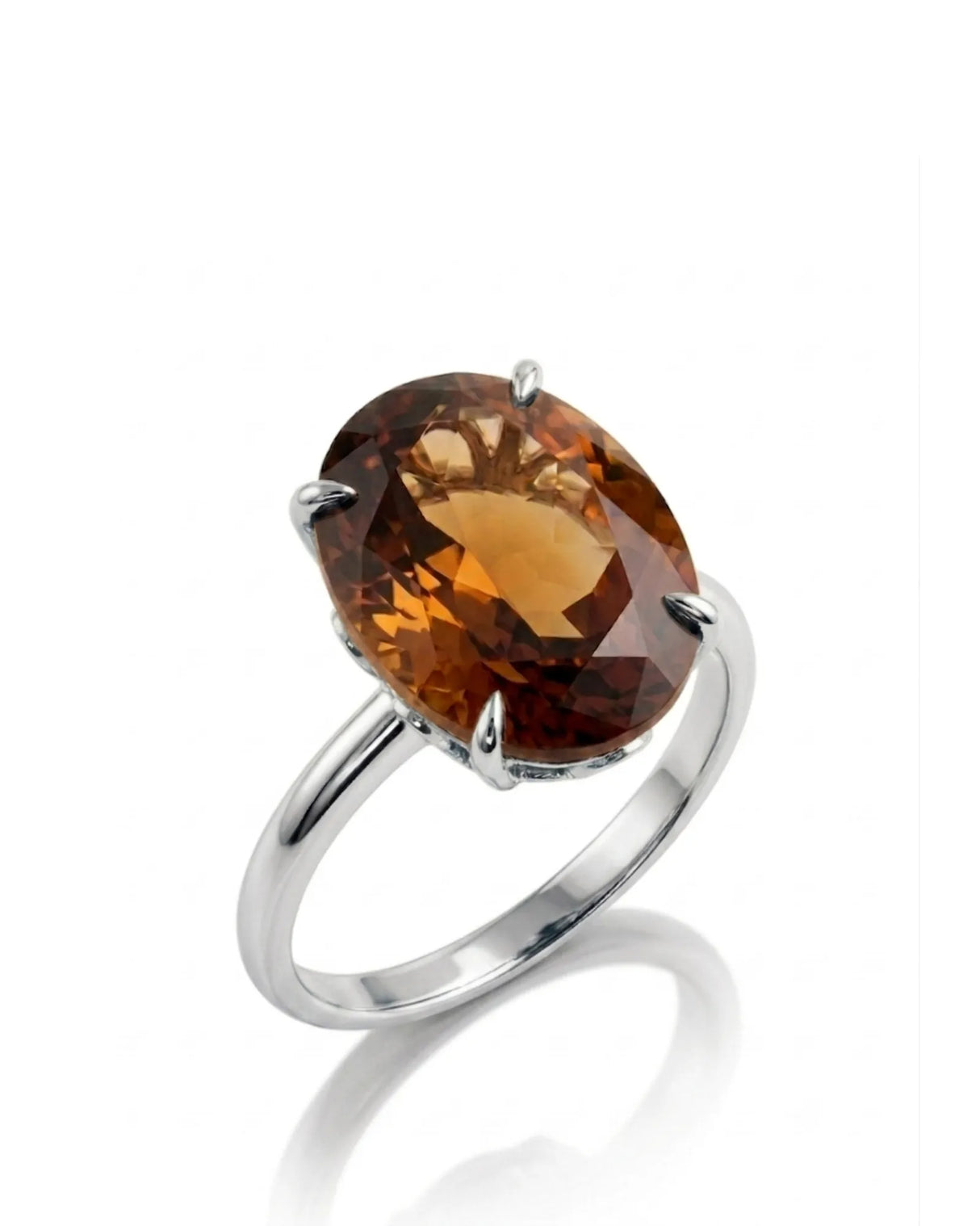 Natural oval Imperial Topaz solitaire ring with sculptural floral gallery in polished 18K white gold | SARATTI