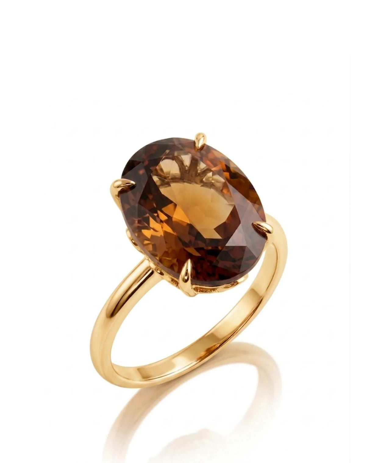 Natural oval Imperial Topaz solitaire ring with sculptural floral gallery in polished 18K yellow gold | SARATTI