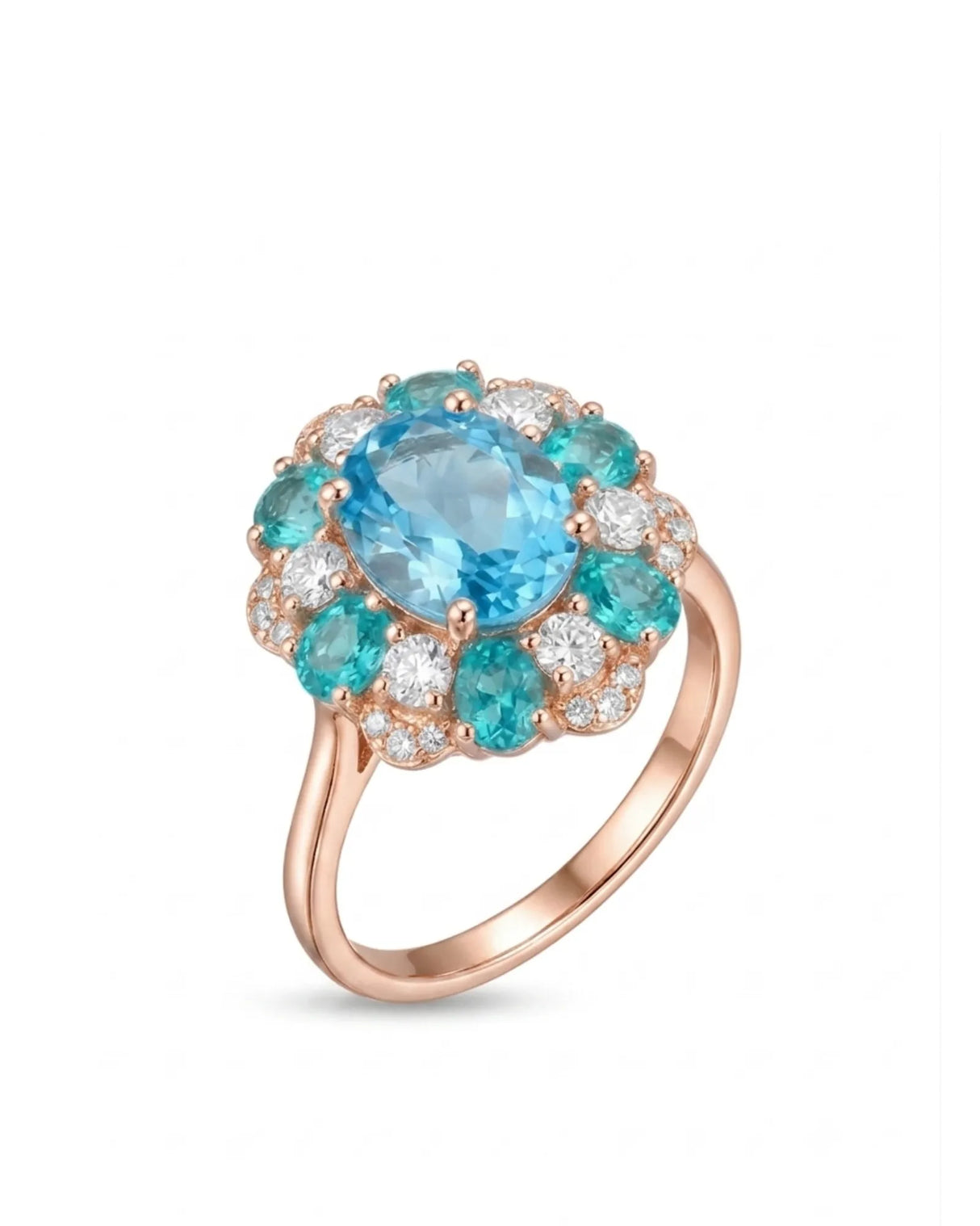 Natural oval Swiss Blue topaz ring with apatite and diamond floral halo in 18K rose gold | SARATTI