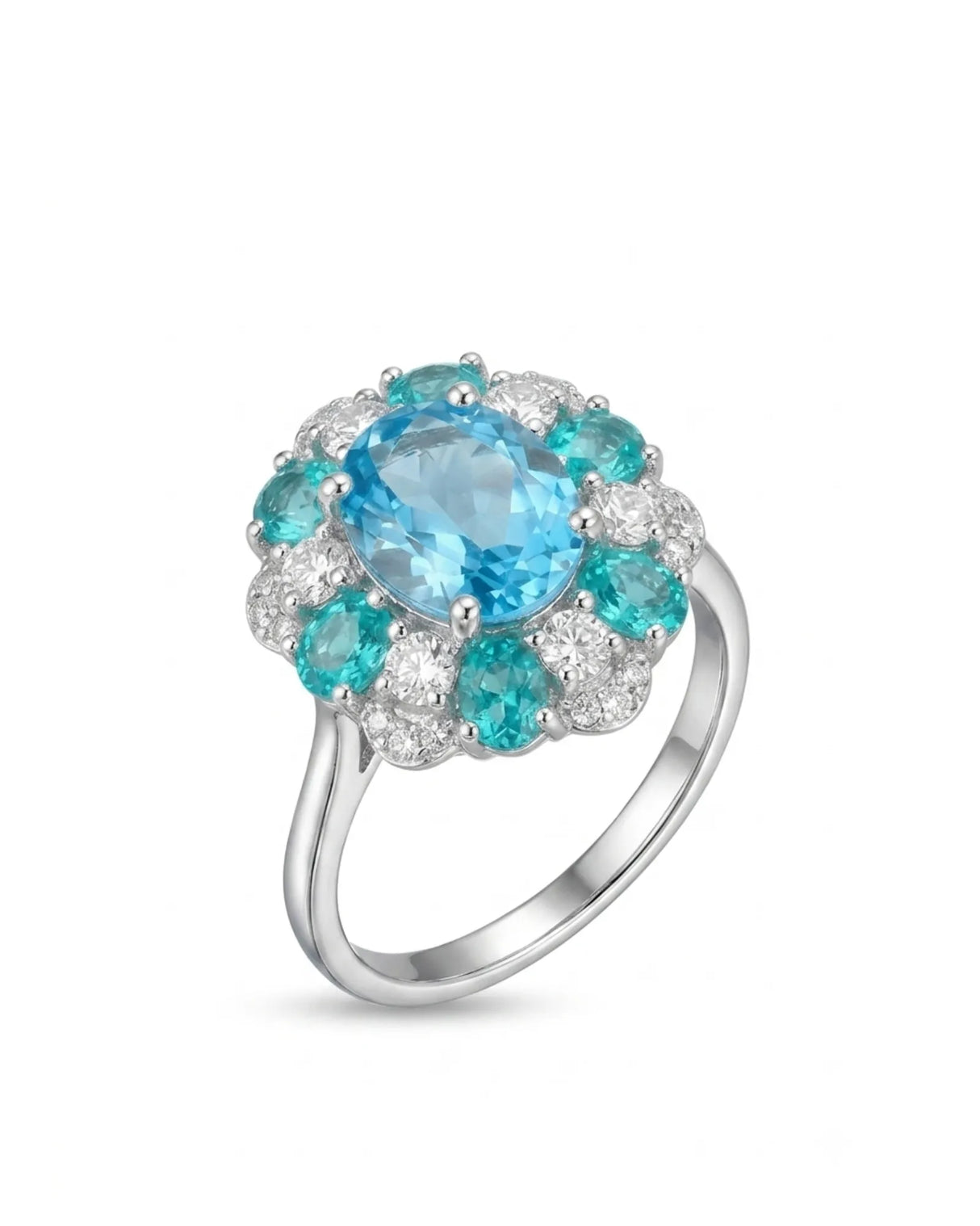 Natural oval Swiss Blue topaz ring with apatite and diamond floral halo in polished platinum | SARATTI