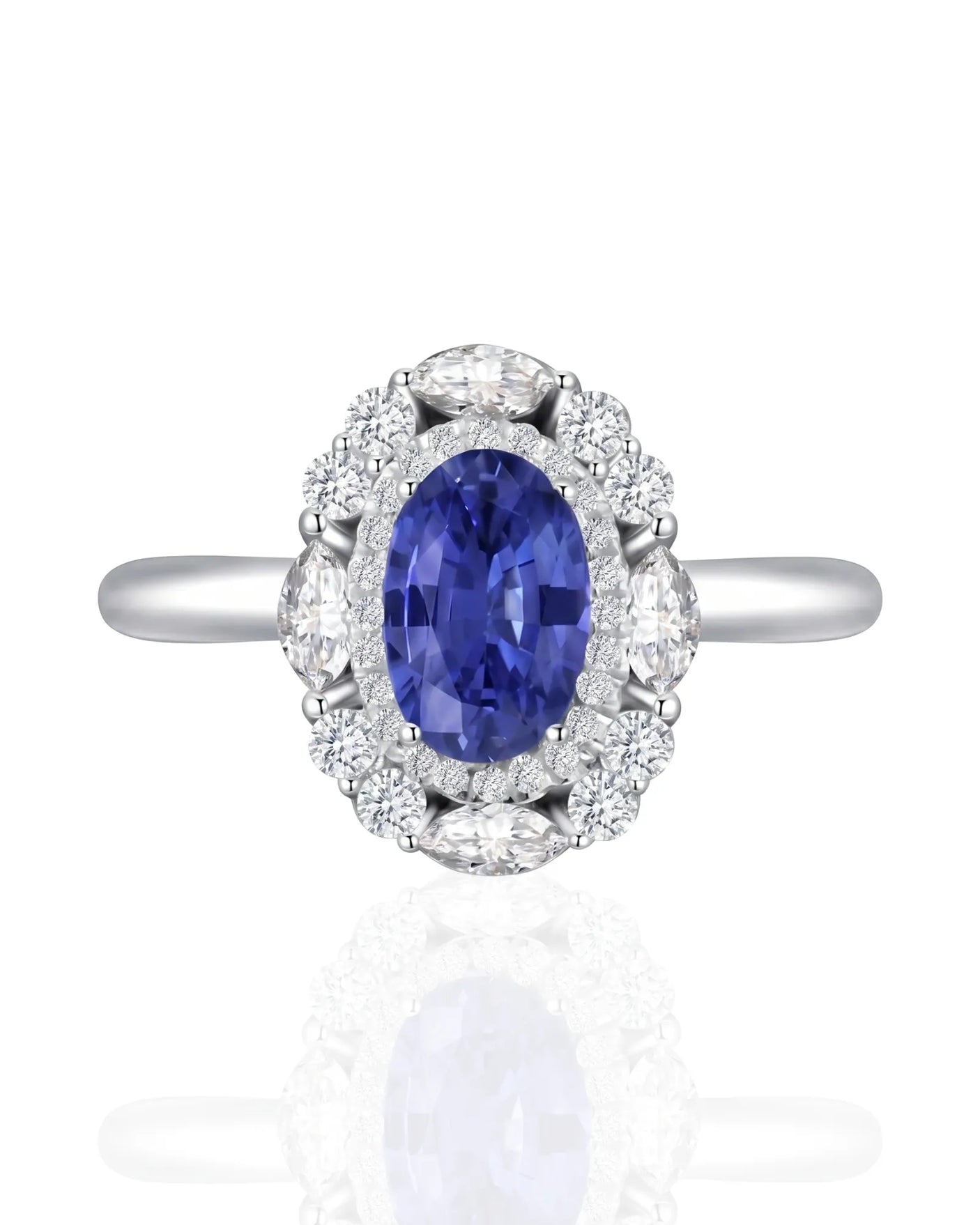 Natural oval blue sapphire ring with sparkling round diamonds in platinum | SARATTI