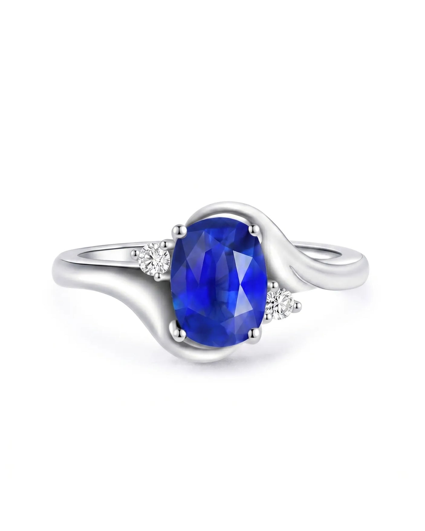 Natural oval blue sapphire ring with two diamond accents in platinum | SARATTI