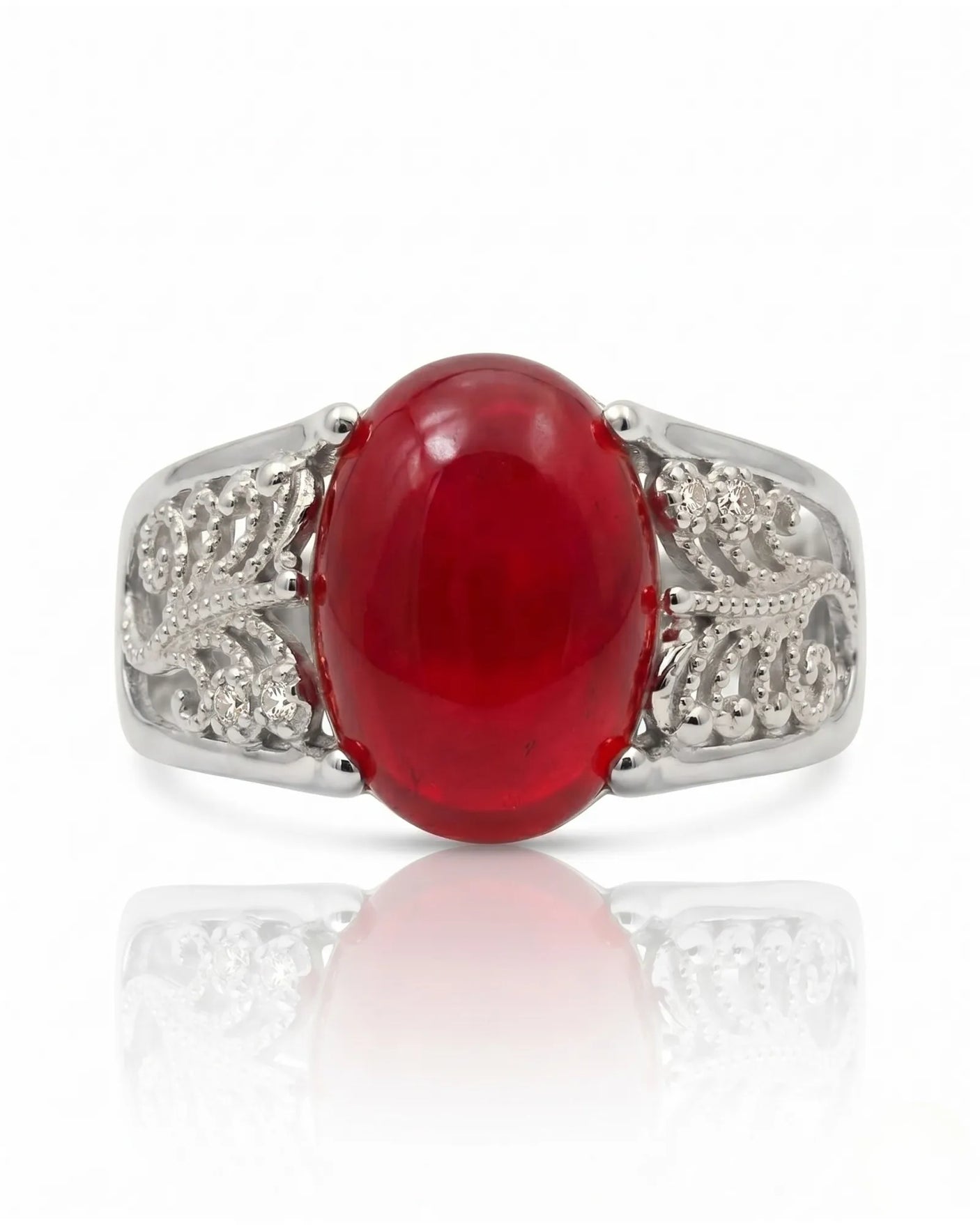 Natural oval cabochon ruby ring with diamond details and durable platinum setting | SARATTI