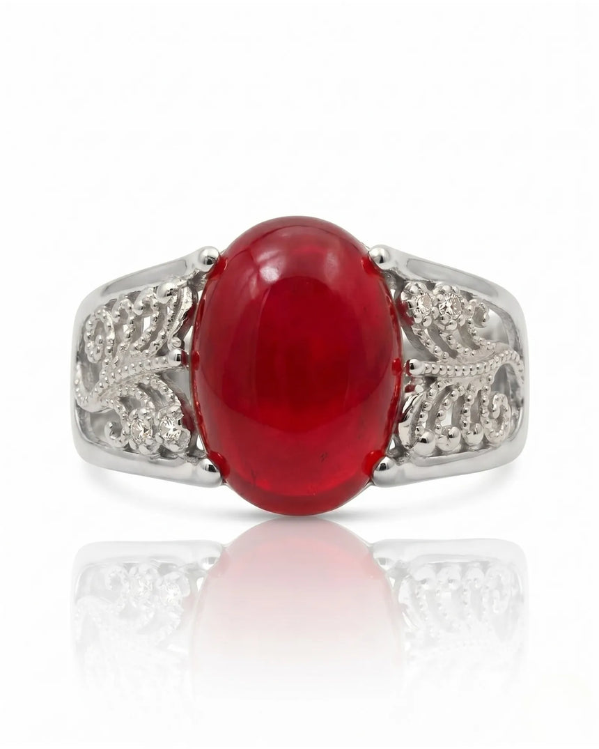 Natural oval cabochon ruby ring with diamond details and durable platinum setting | SARATTI