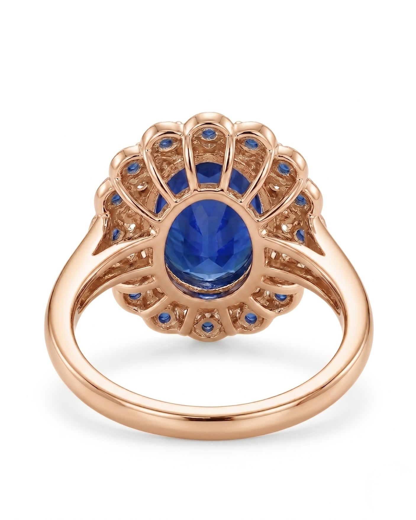 Natural oval royal blue sapphire ring with floral double halo in 18K rose gold | SARATTI