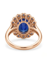 Natural oval royal blue sapphire ring with floral double halo in 18K rose gold | SARATTI