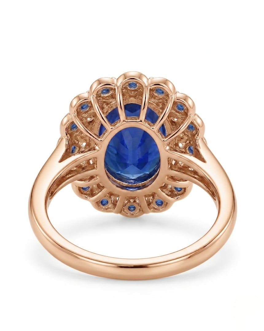 Natural oval royal blue sapphire ring with floral double halo in 18K rose gold | SARATTI