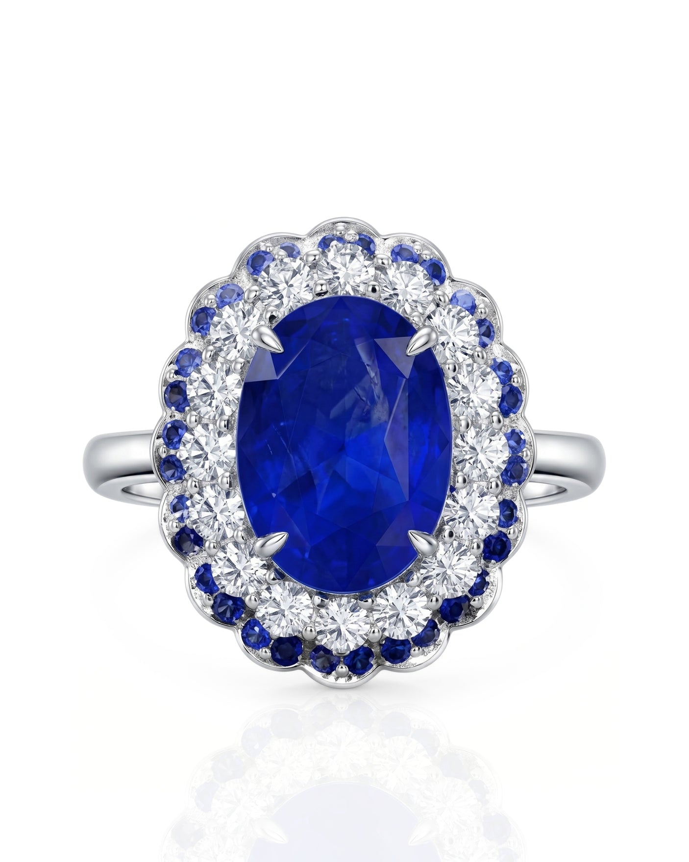 Natural oval royal blue sapphire ring with floral double halo in 18K white gold | SARATTI