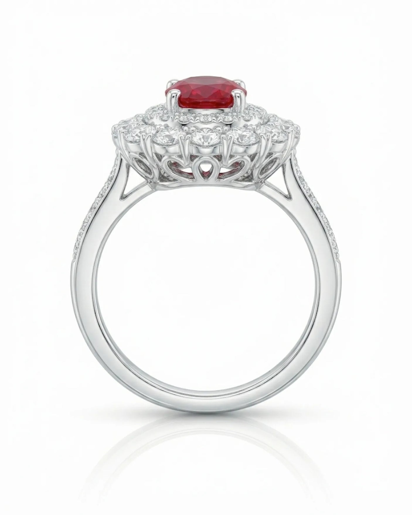 Natural oval ruby ring framed by round brilliant diamonds in Platinum | SARATTI
