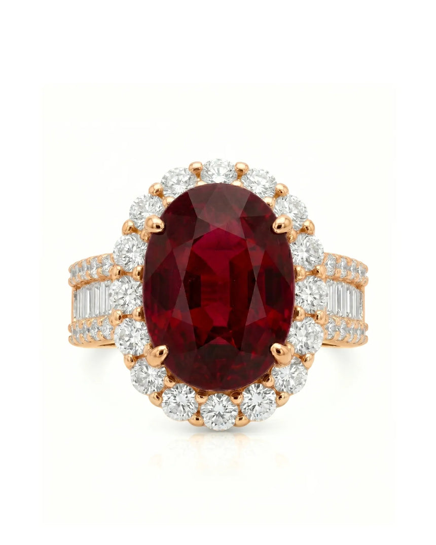 Natural oval ruby ring with bright diamonds and romantic rose gold setting - SARATTI