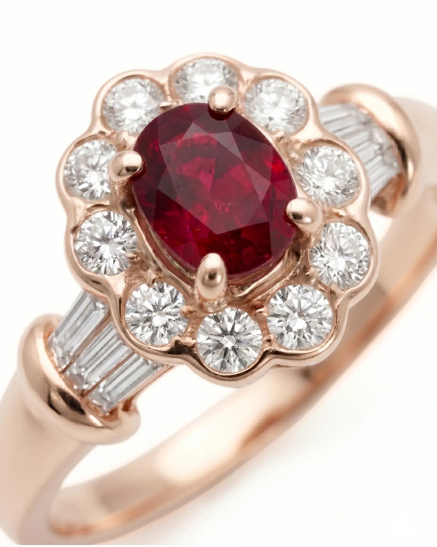 Natural oval ruby ring with brilliant diamonds and soft rose gold setting | SARATTI