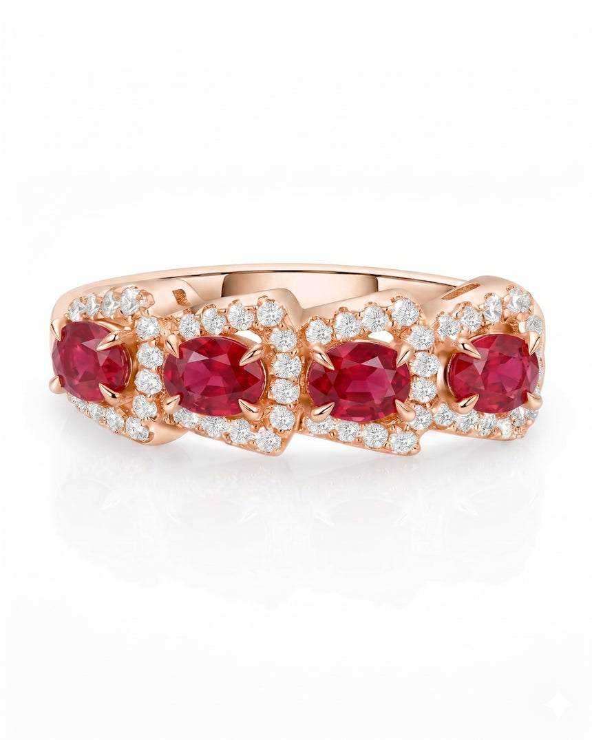 Natural oval ruby ring with diamond halo details in 18K Rose Gold | SARATTI