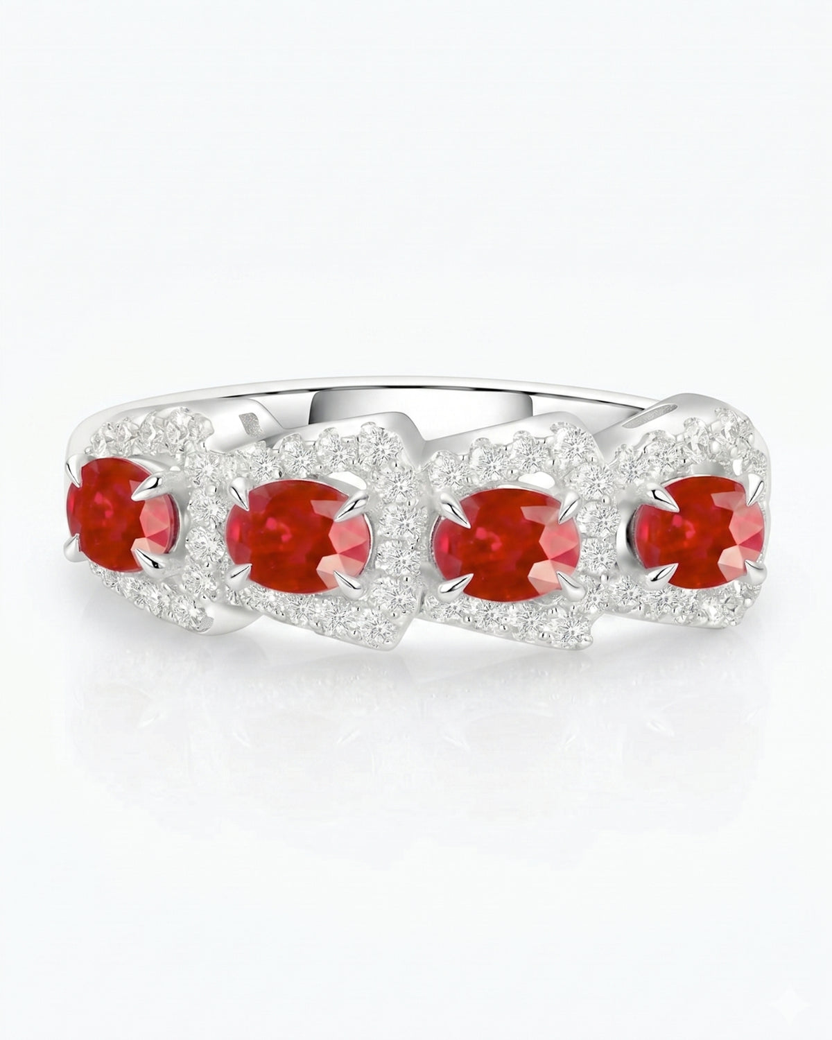 Natural oval ruby ring with diamond halo details in 18K White Gold | SARATTI