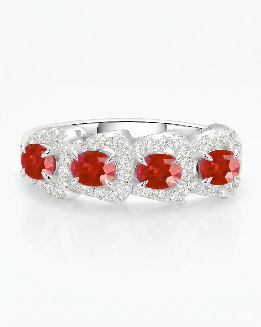 Natural oval ruby ring with diamond halo details in 18K White Gold | SARATTI