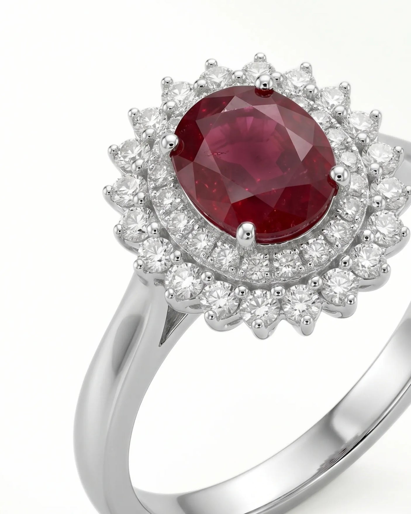 Natural oval ruby ring with sparkling diamonds and durable platinum setting | SARATTI