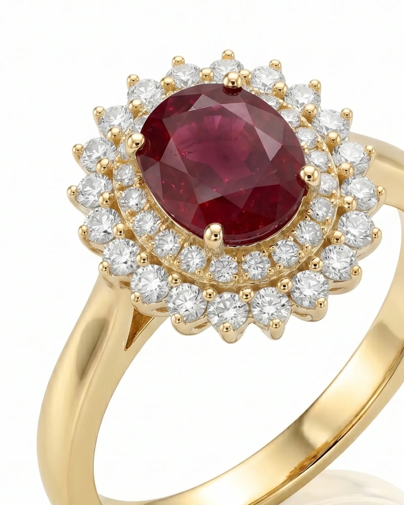 Natural oval ruby ring with sparkling diamonds and warm yellow gold setting --- SARATTI
