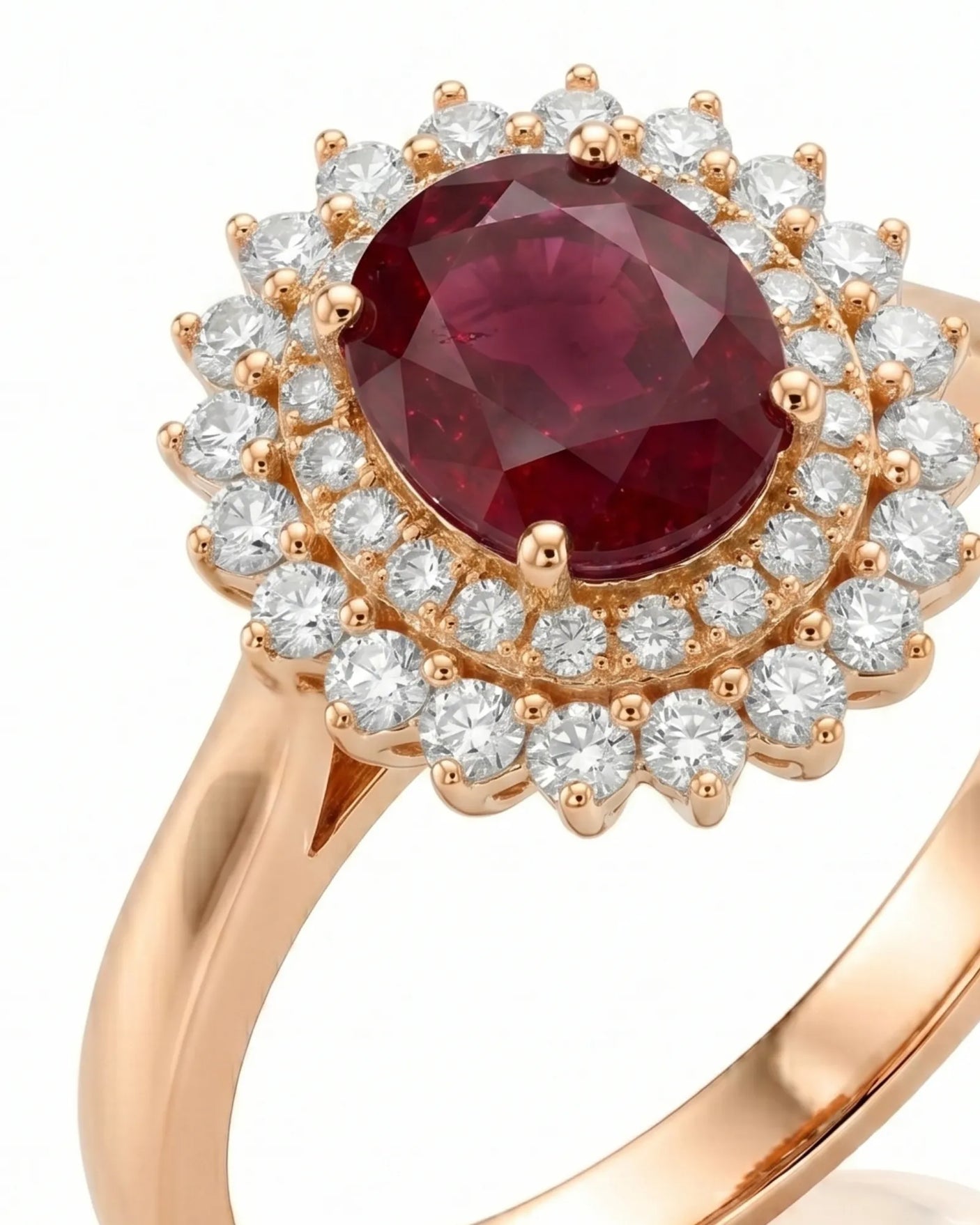 Natural oval ruby ring with sparkling diamonds and warm rose gold setting - SARATTI