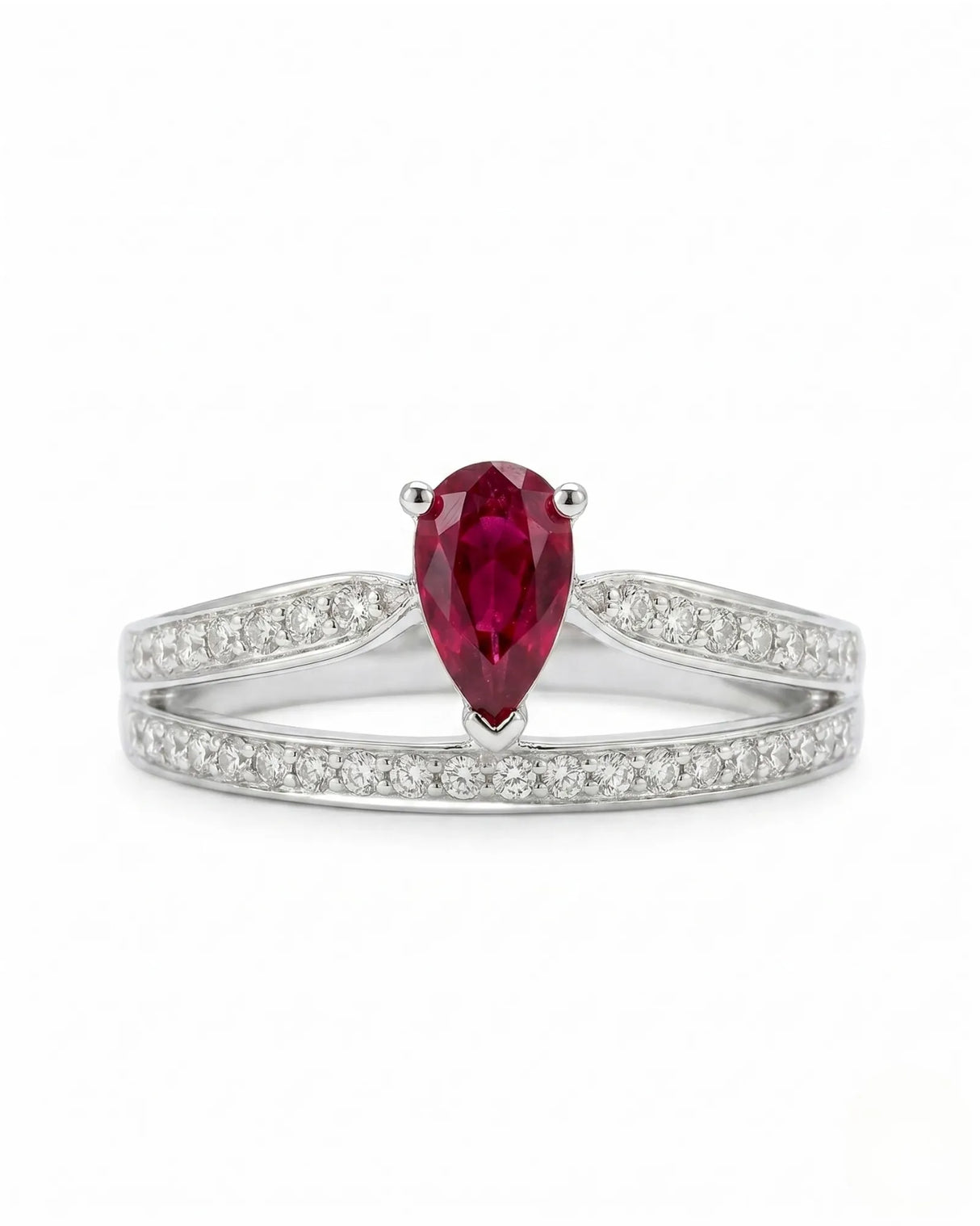 Natural pear ruby ring with pavé diamond accents and white gold setting | SARATTI