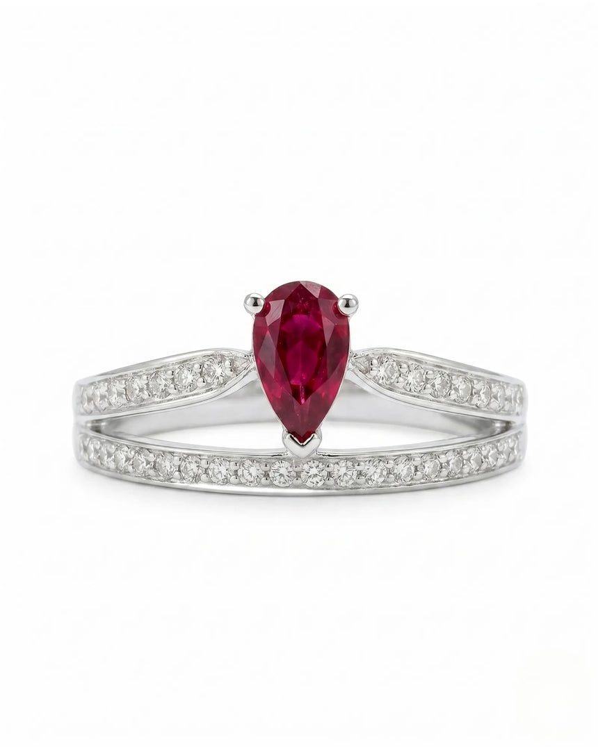 Natural pear ruby ring with pavé diamond accents and white gold setting | SARATTI