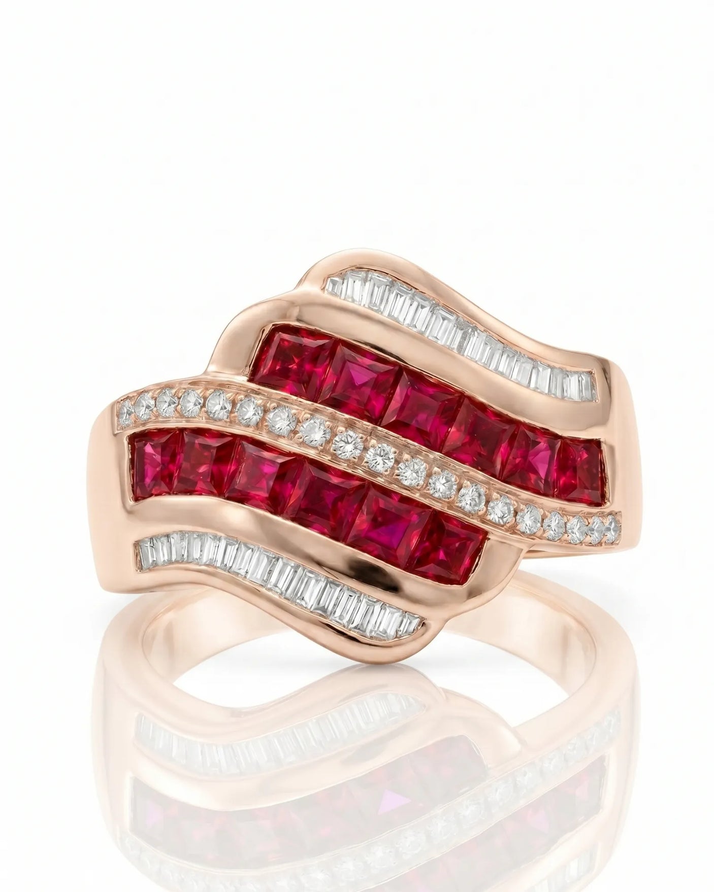 Natural princess cut ruby ring with diamond rows and romantic rose gold band | SARATTI