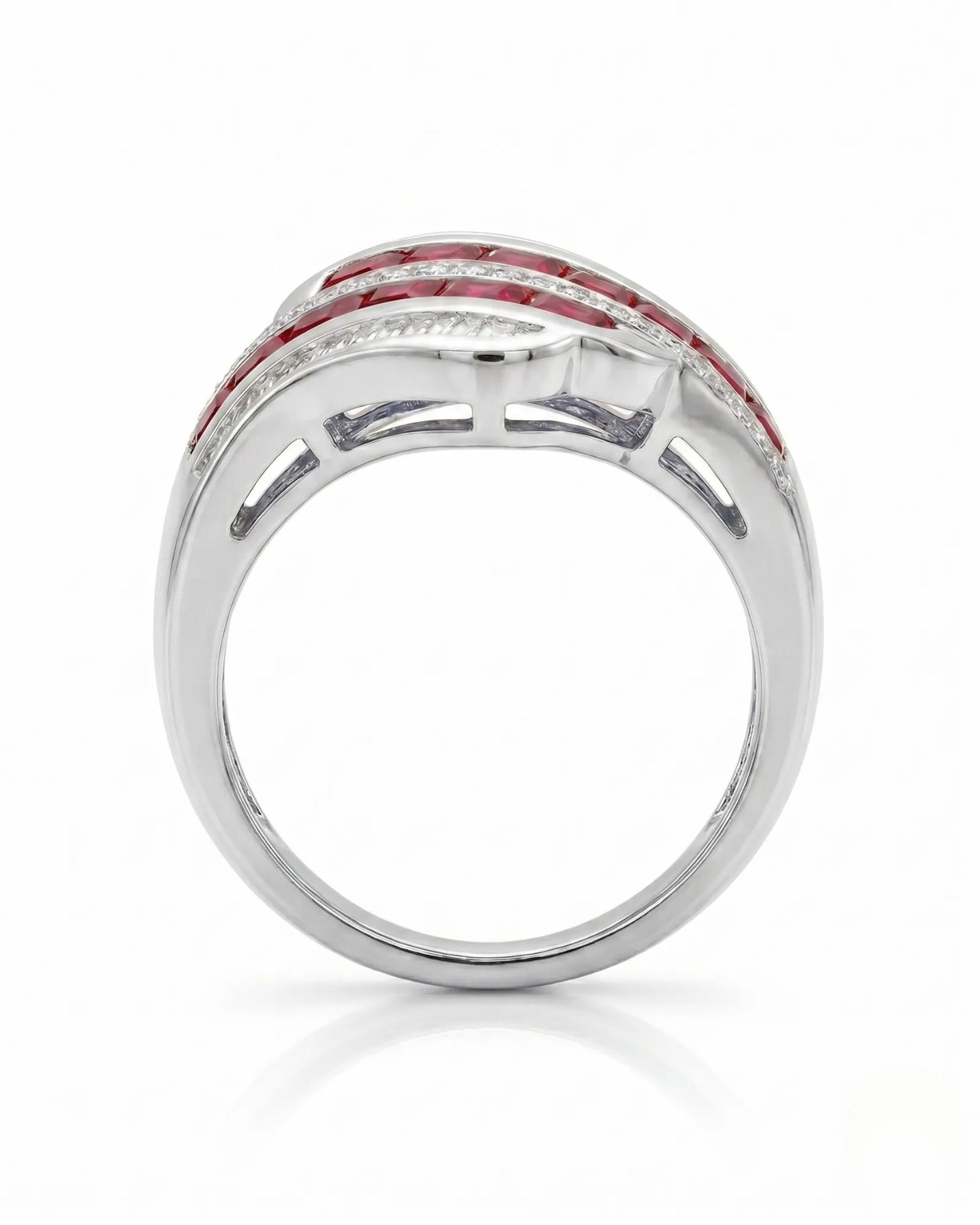 Natural princess cut ruby ring with diamond rows and white gold band - SARATTI