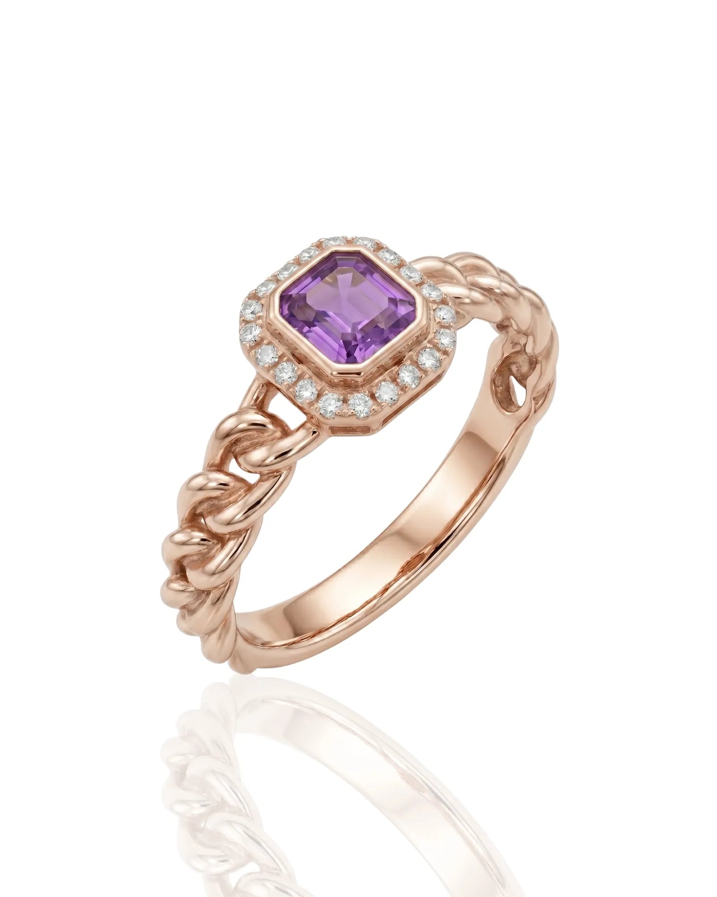 Natural purple sapphire halo ring with twisted band in 18K Rose Gold | SARATTI