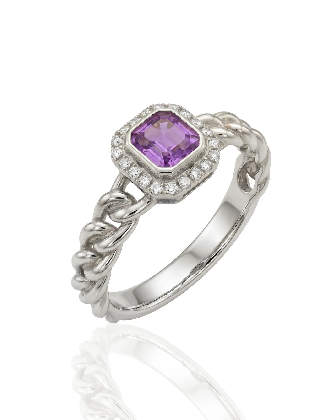 Natural purple sapphire halo ring with twisted band in 18K White Gold | SARATTI