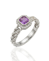 Natural purple sapphire halo ring with twisted band in 18K White Gold | SARATTI