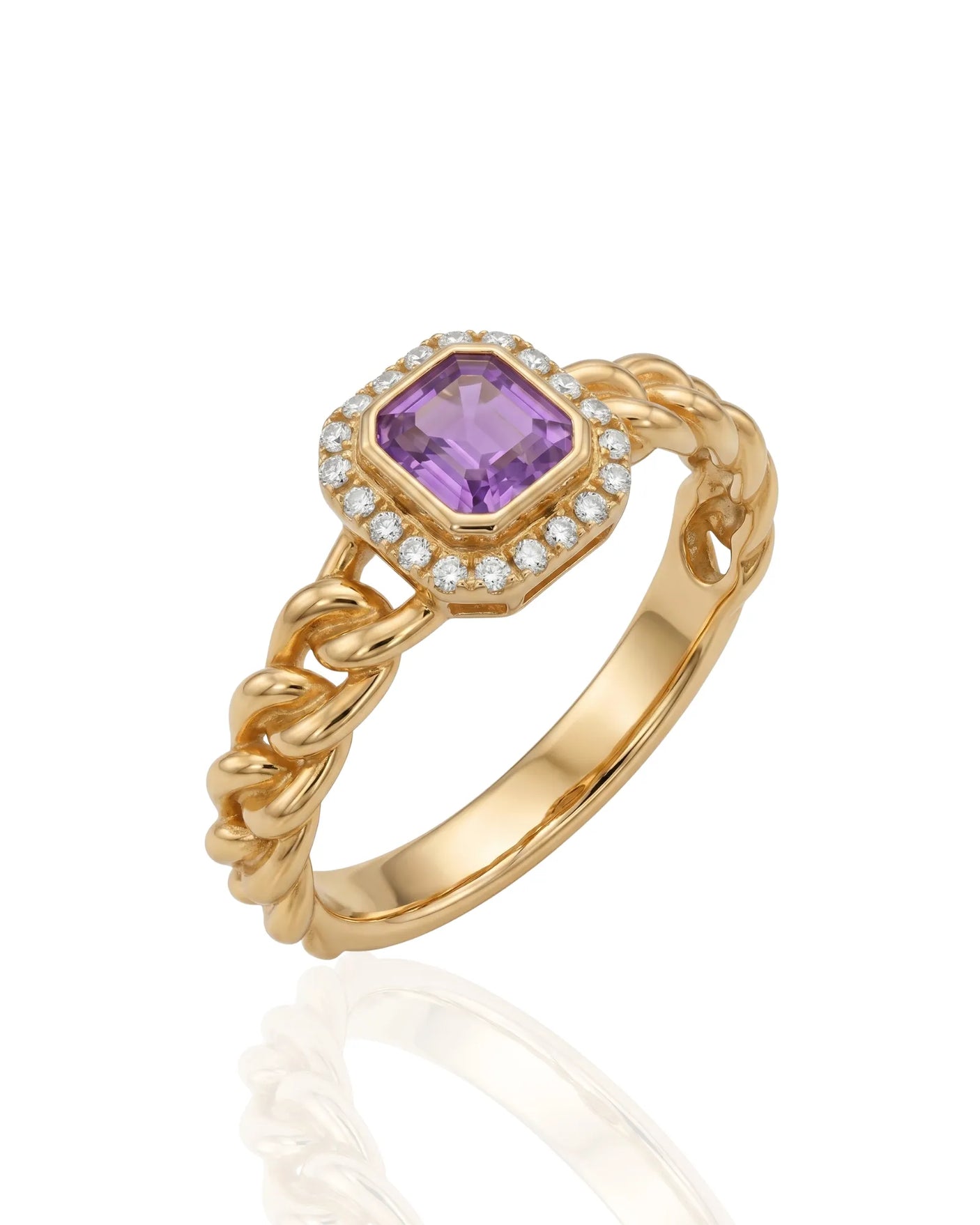Natural purple sapphire halo ring with twisted band in 18K Yellow Gold | SARATTI