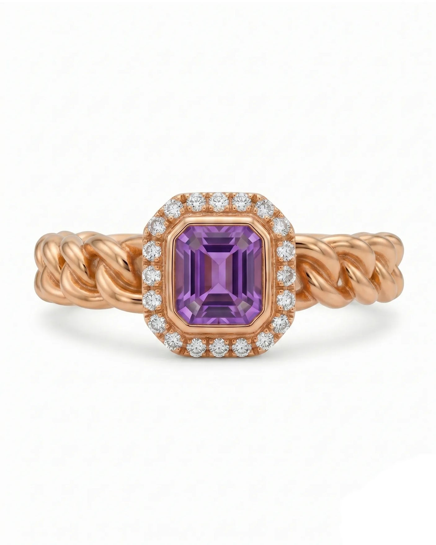 Natural purple sapphire statement ring with diamond halo in 18K Rose Gold | SARATTI