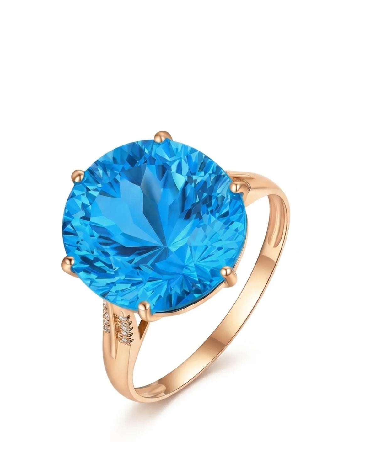 Natural round Swiss Blue topaz ring with pavé diamond shoulders in 18K rose gold | SARATTI