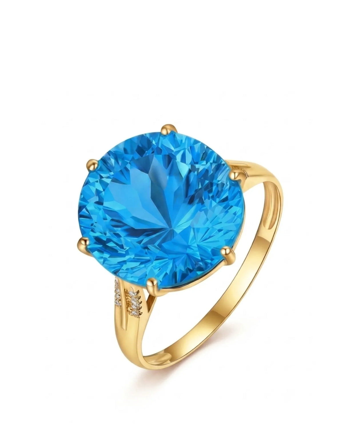 Natural round Swiss Blue topaz ring with pavé diamond shoulders in 18K yellow gold | SARATTI