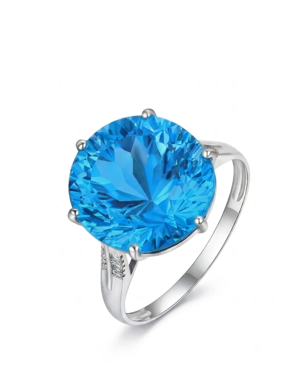 Natural round Swiss Blue topaz ring with pavé diamond shoulders in polished platinum | SARATTI