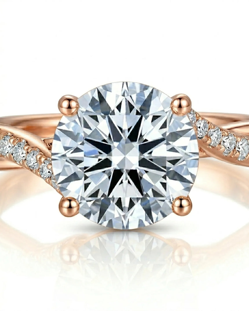 Natural round brilliant diamond ring with six-prong setting and rose gold split shank | SARATTI