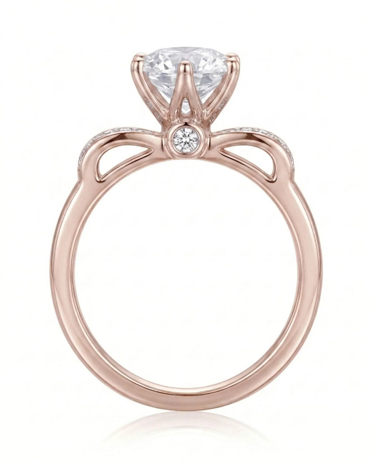 Natural round diamond engagement ring top view with diamond-set shoulders in 18K rose gold | SARATTI
