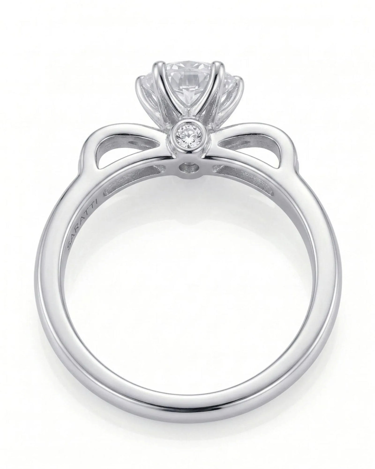 Natural round diamond ring with open ribbon-style shoulders in 18K white gold | SARATTI