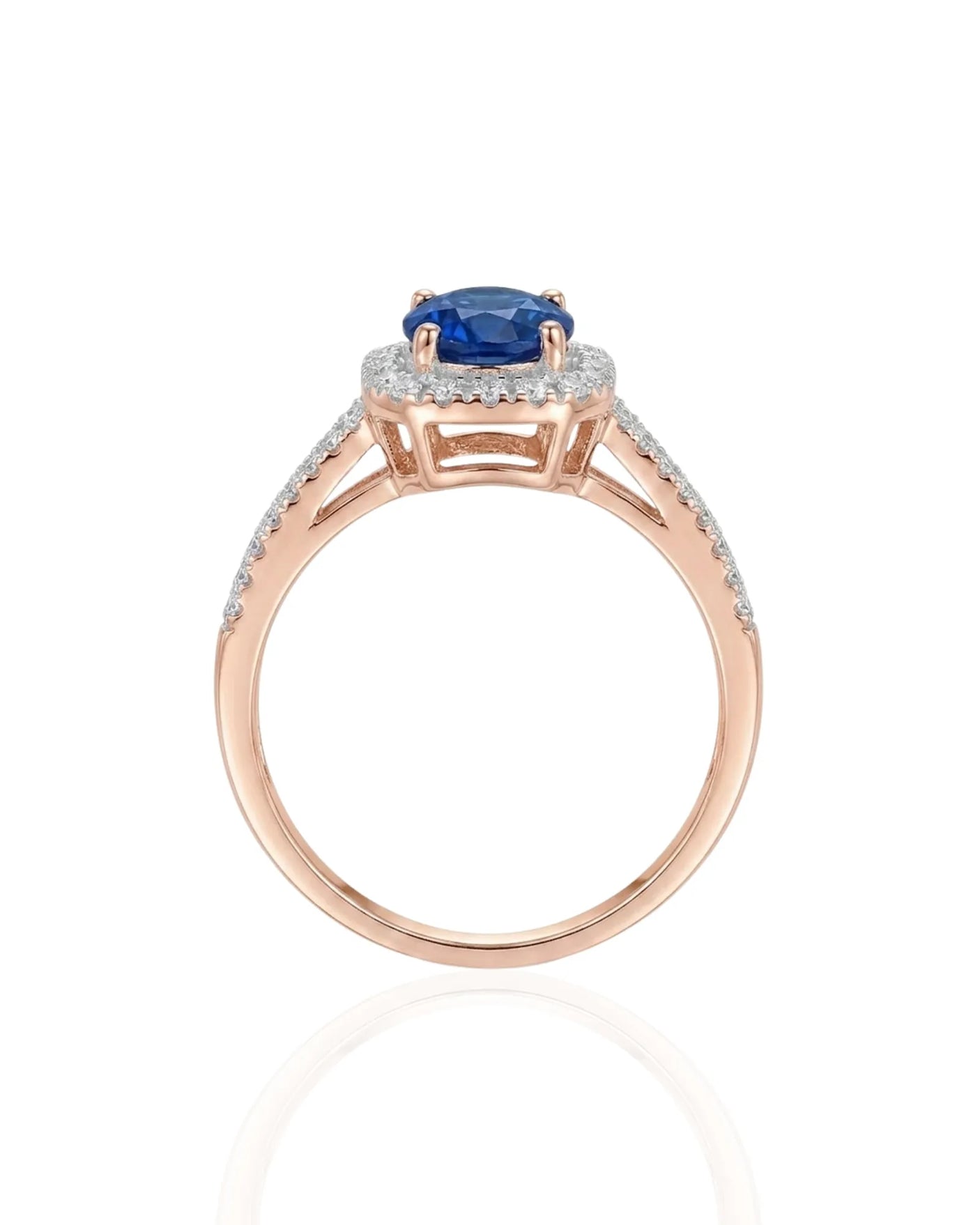 Natural royal blue sapphire ring with round diamond accents in 18K rose gold | SARATTI